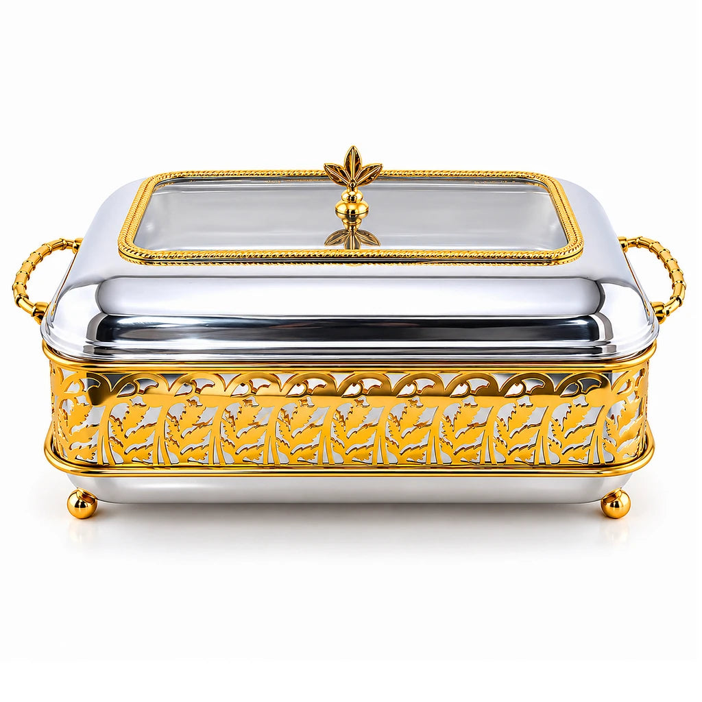 Fancy Stainless Steel Food Warmer With Glass Dish, Lid & Stand - 40 & 45 cm