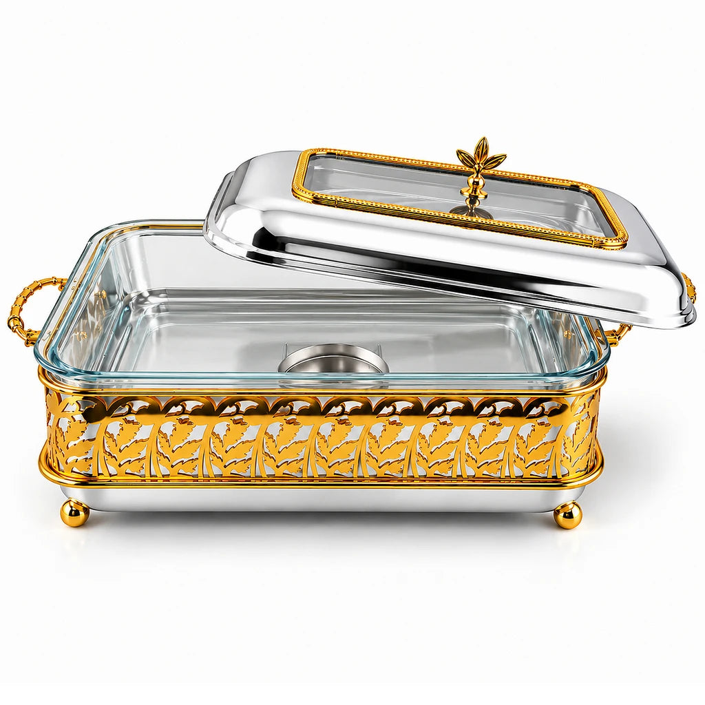 Fancy Stainless Steel Food Warmer With Glass Dish, Lid & Stand - 40 & 45 cm