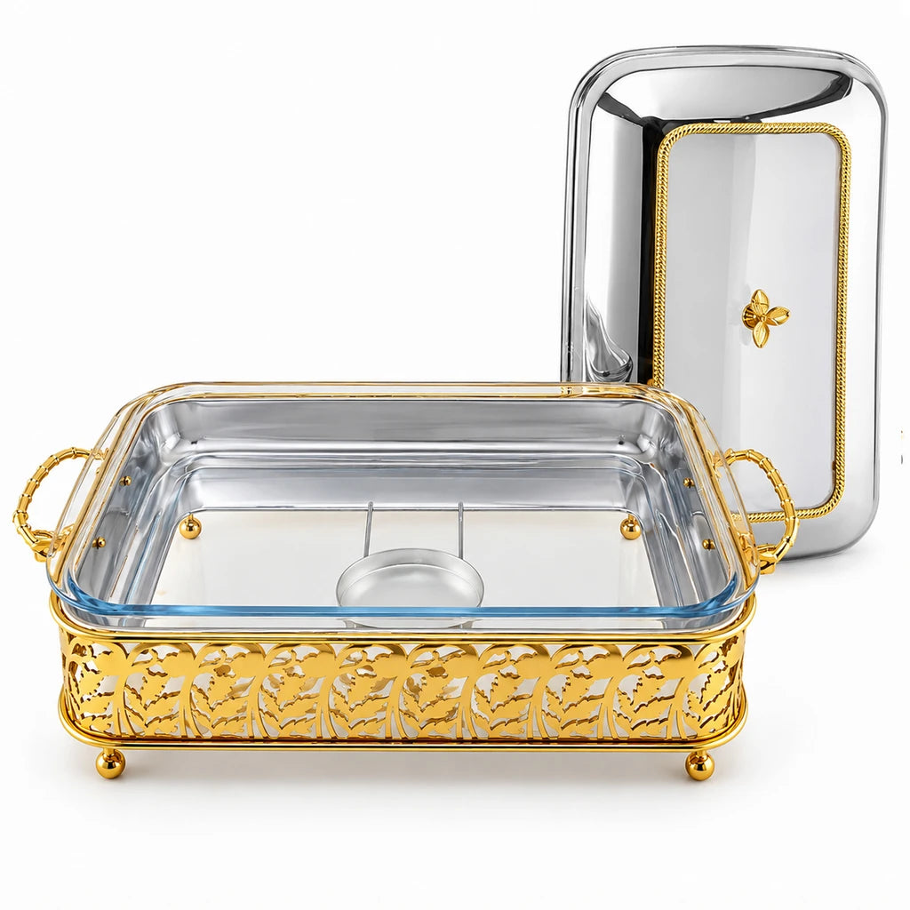 Fancy Stainless Steel Food Warmer With Glass Dish, Lid & Stand - 40 & 45 cm