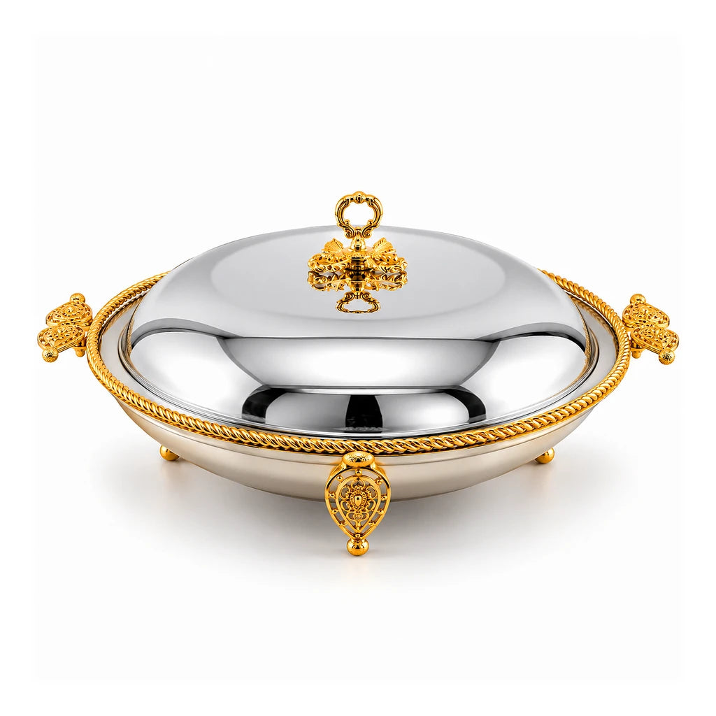 Fancy Stainless Steel Round BBQ Platter With Stand & Lid
