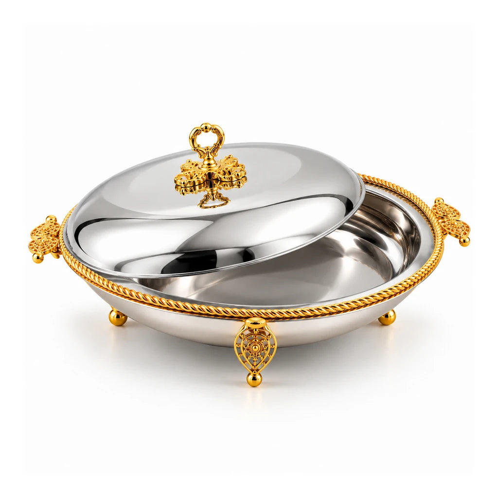 Fancy Stainless Steel Round BBQ Platter With Stand & Lid