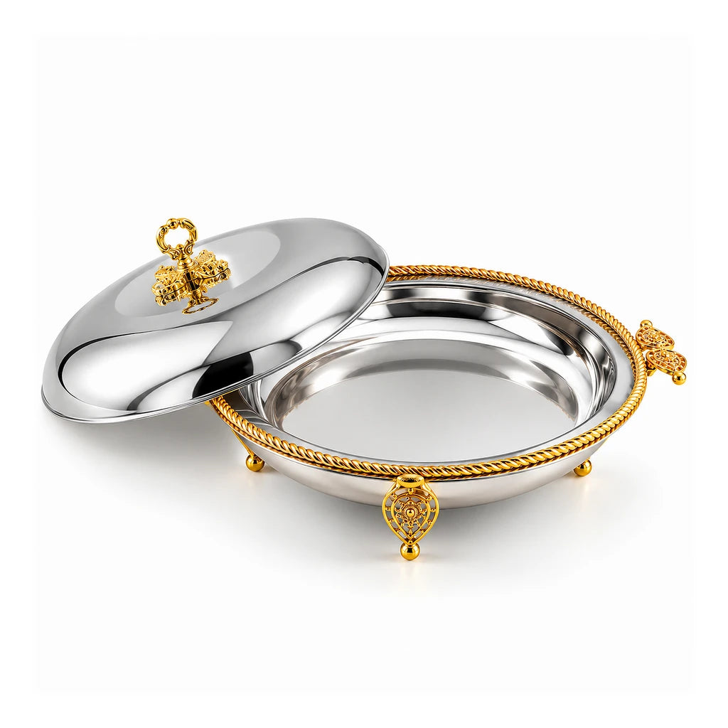 Fancy Stainless Steel Round BBQ Platter With Stand & Lid