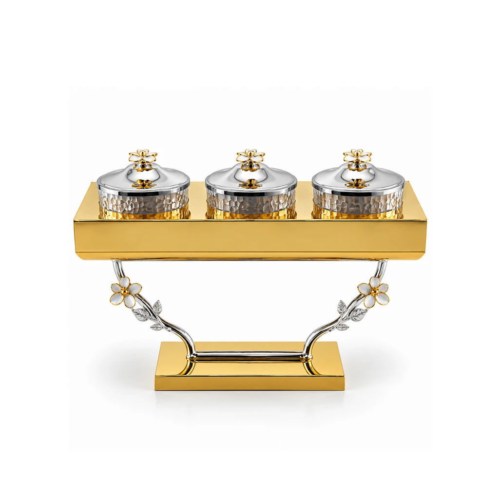 Fancy 3-Bowl Stainless Steel Dry Fruit Stand With Rectangular Base & Floral Supports