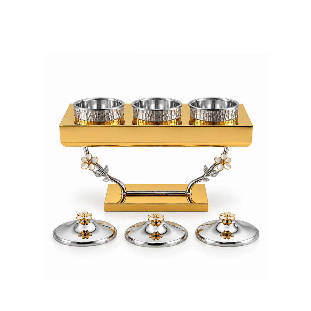 Fancy 3-Bowl Stainless Steel Dry Fruit Stand With Rectangular Base & Floral Supports