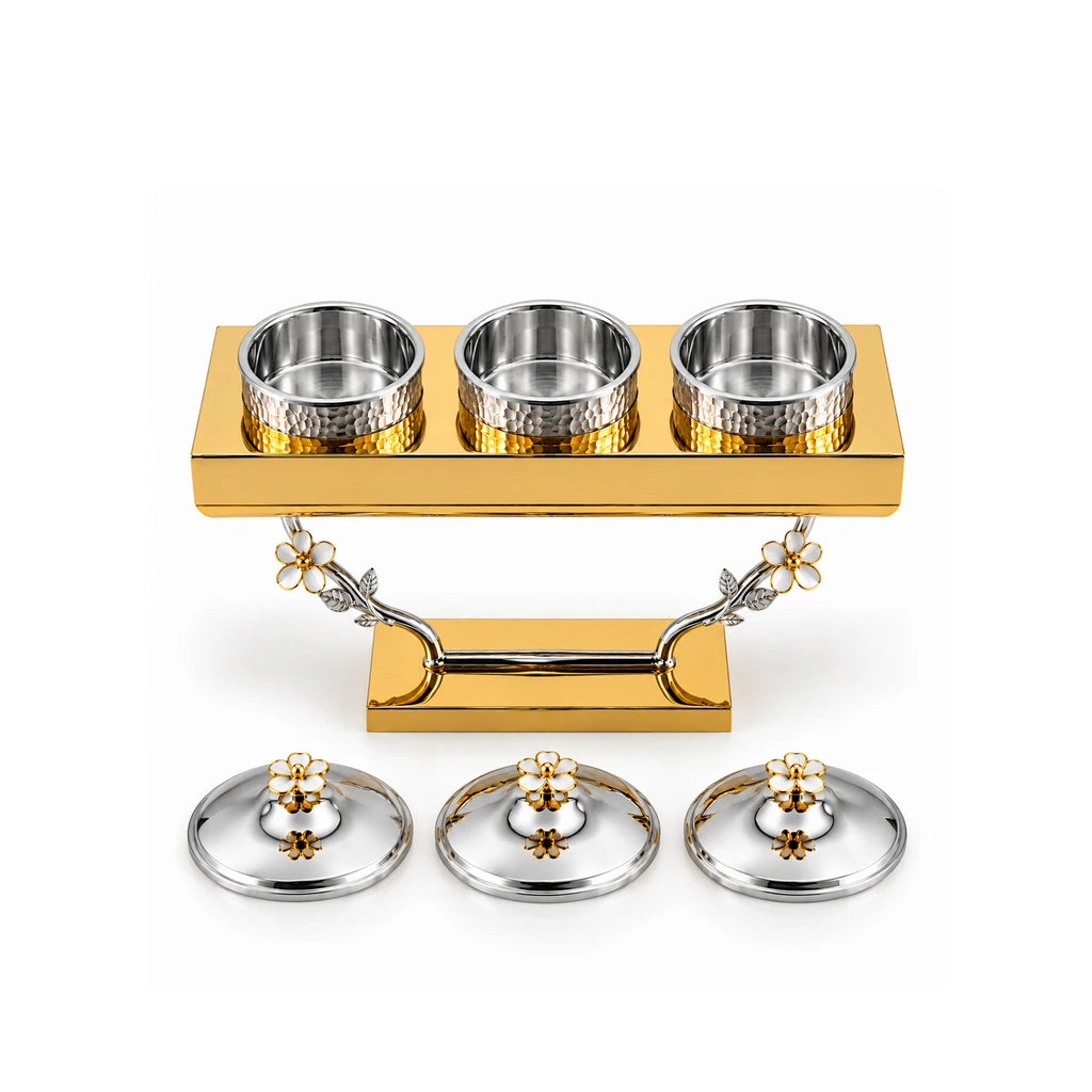 Fancy 3-Bowl Stainless Steel Dry Fruit Stand With Rectangular Base & Floral Supports