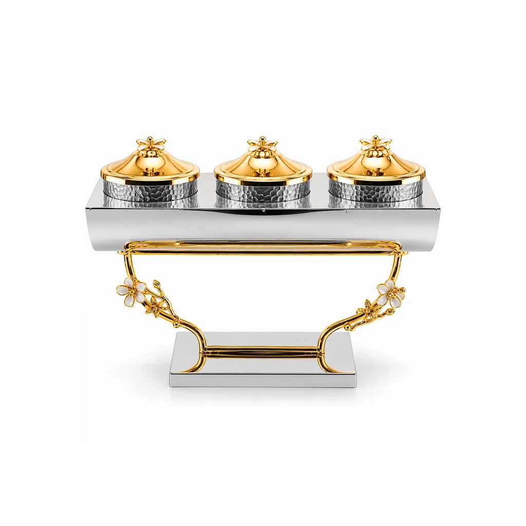Fancy 3-Bowl Stainless Steel Dry Fruit Dish With Silver-Toned Stand & Gold-Toned Lids