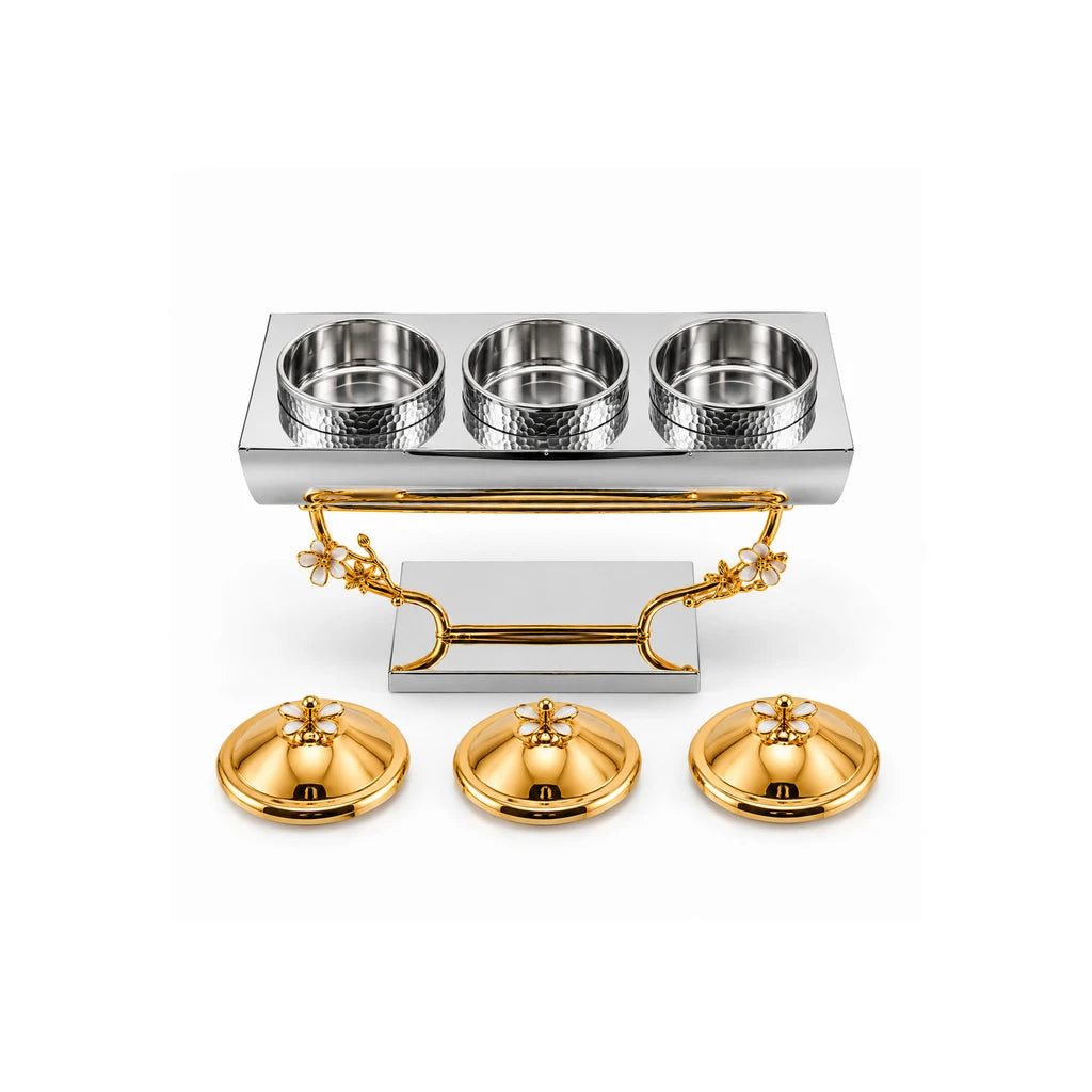 Fancy 3-Bowl Stainless Steel Dry Fruit Dish With Silver-Toned Stand & Gold-Toned Lids