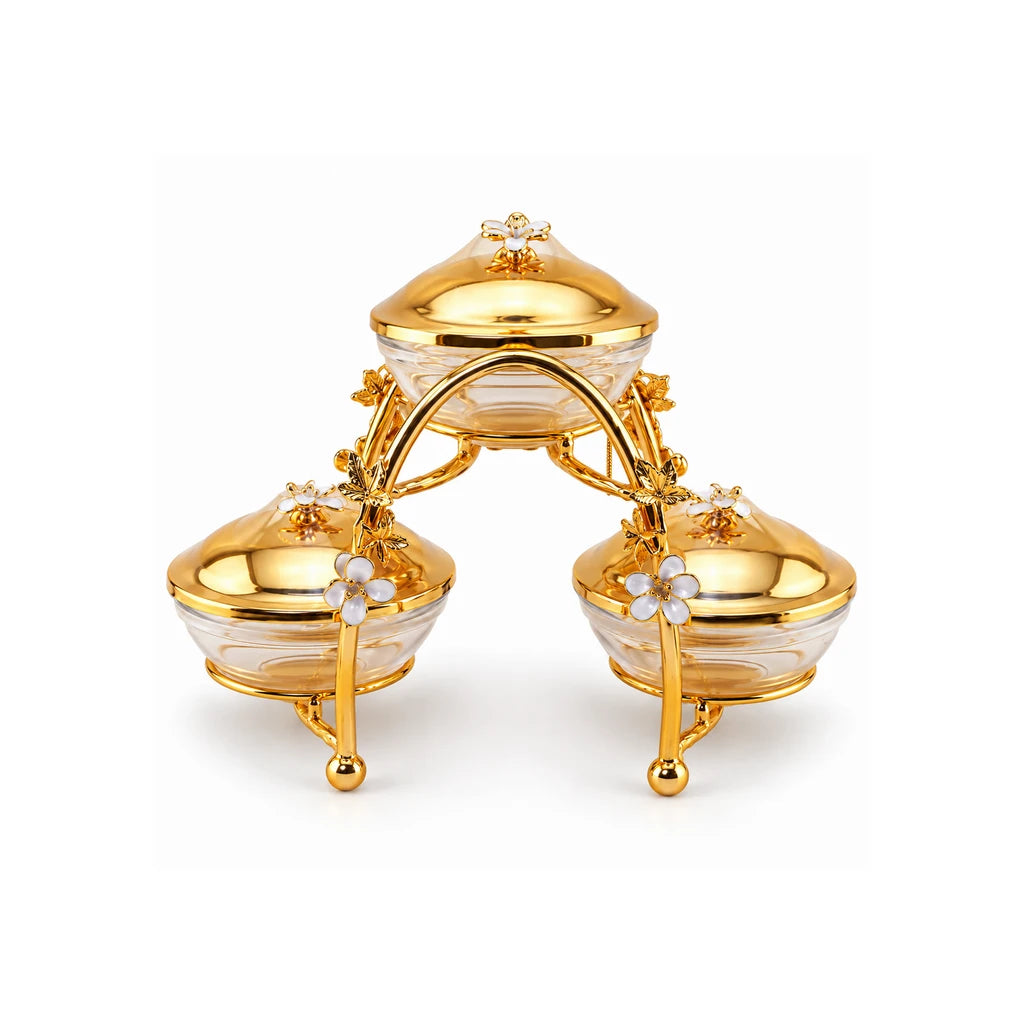 Fancy 3-Bowl Glass Dry Fruit Dish With Arched Stainless Steel Stand & Gold-Toned Lids