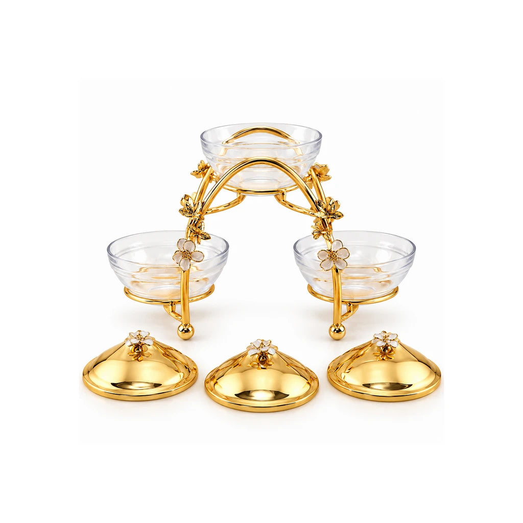 Fancy 3-Bowl Glass Dry Fruit Dish With Arched Stainless Steel Stand & Gold-Toned Lids