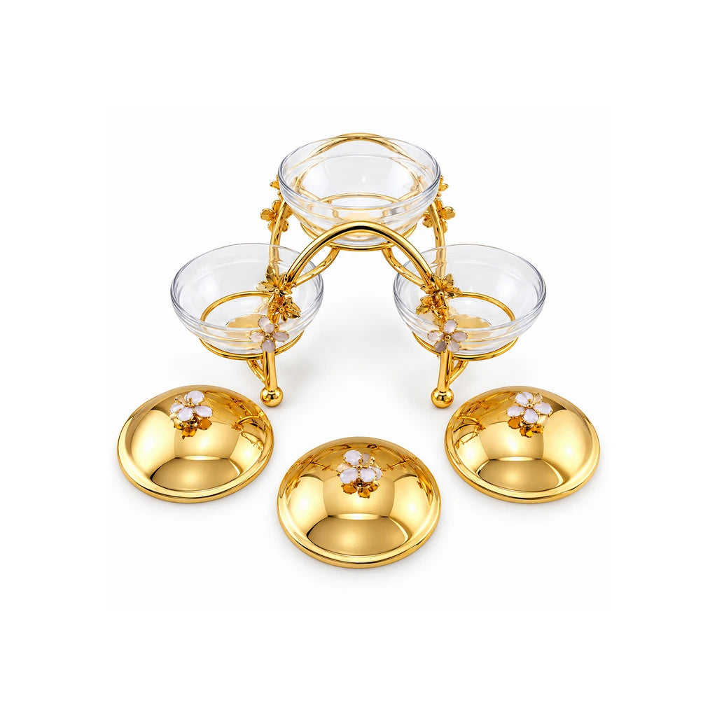 Fancy 3-Bowl Glass Dry Fruit Dish With Arched Stainless Steel Stand & Gold-Toned Lids