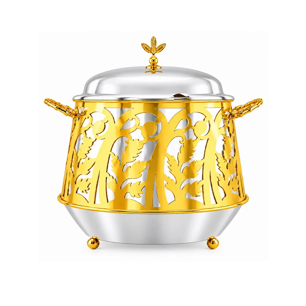 Gold-Leaf Design Stainless Steel Food Warmer with Lid, 23 cm
