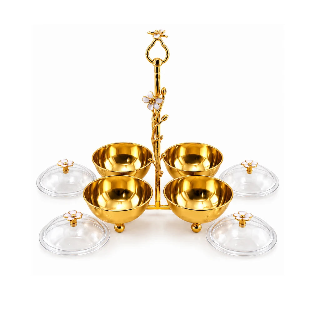 Fancy 4-Bowl Stainless Steel Dry Fruit Stand With Floral Centre Handle & Lids