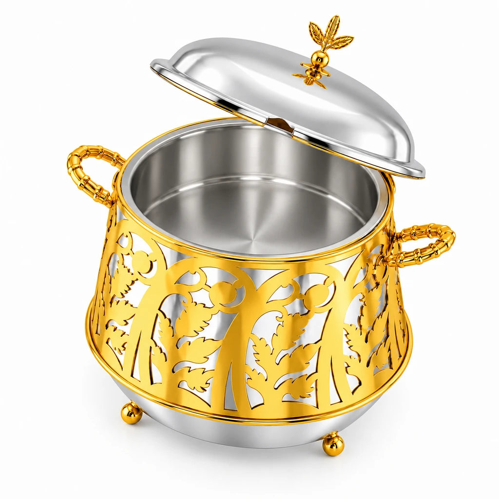 Gold-Leaf Design Stainless Steel Food Warmer with Lid, 23 cm
