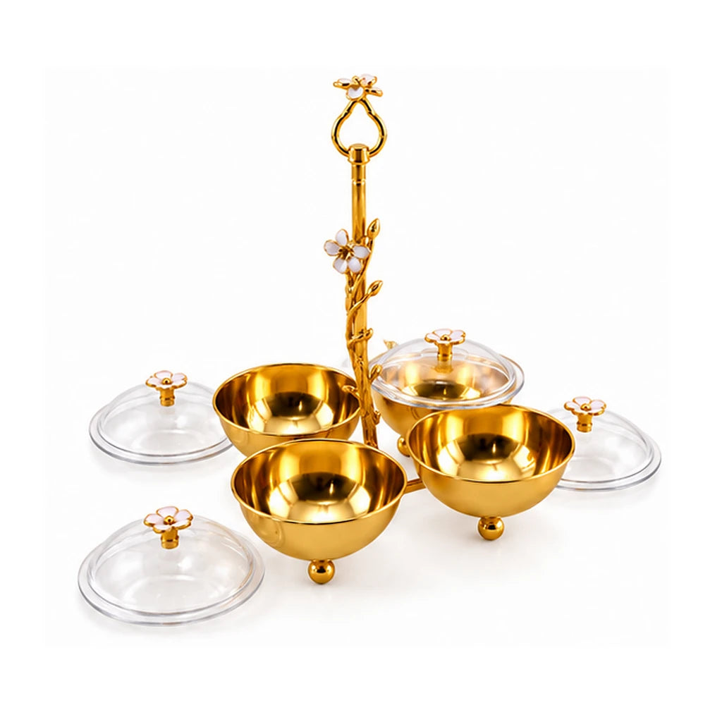 Fancy 4-Bowl Stainless Steel Dry Fruit Stand With Floral Centre Handle & Lids