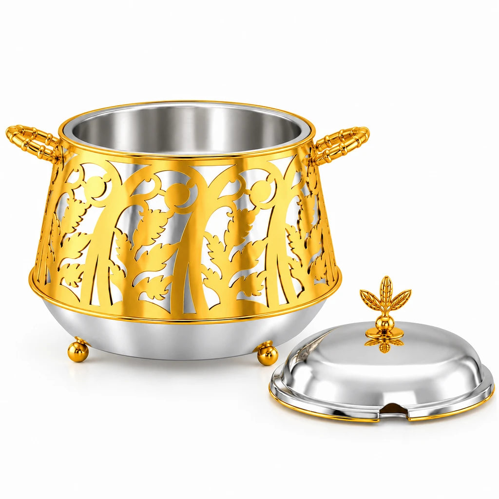 Gold-Leaf Design Stainless Steel Food Warmer with Lid, 23 cm
