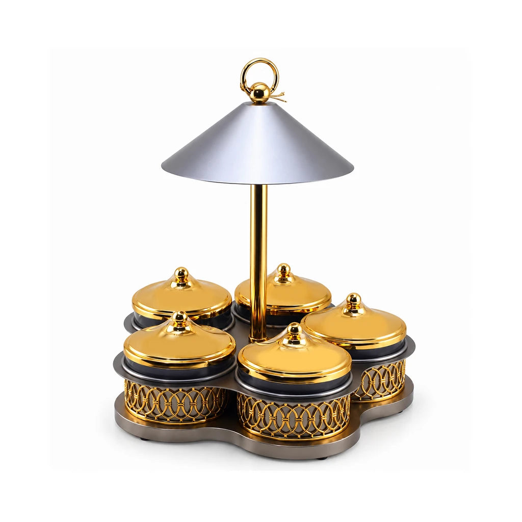 Fancy 5-Bowl Glass Dry Fruit Stand With Steel Lids & Ring-Top Canopy