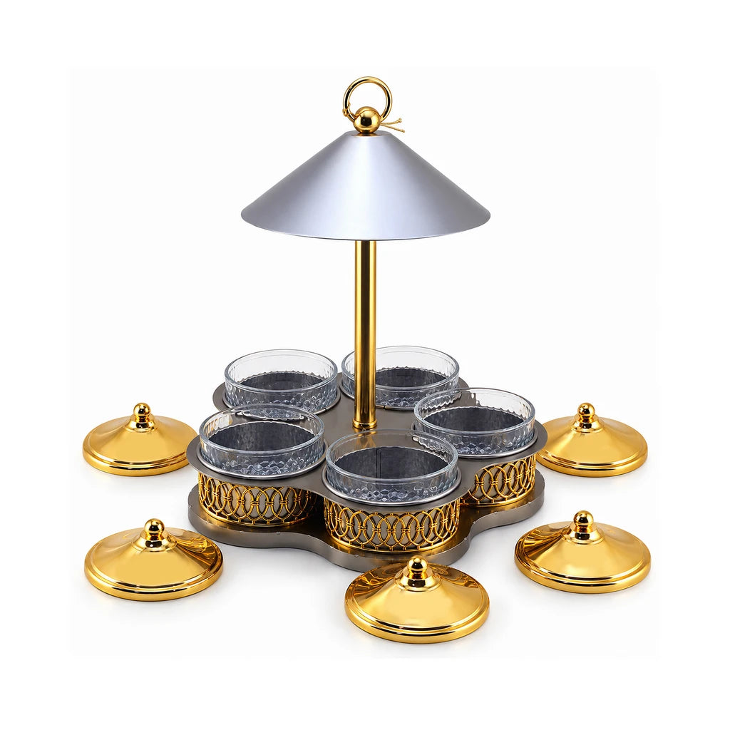 Fancy 5-Bowl Glass Dry Fruit Stand With Steel Lids & Ring-Top Canopy