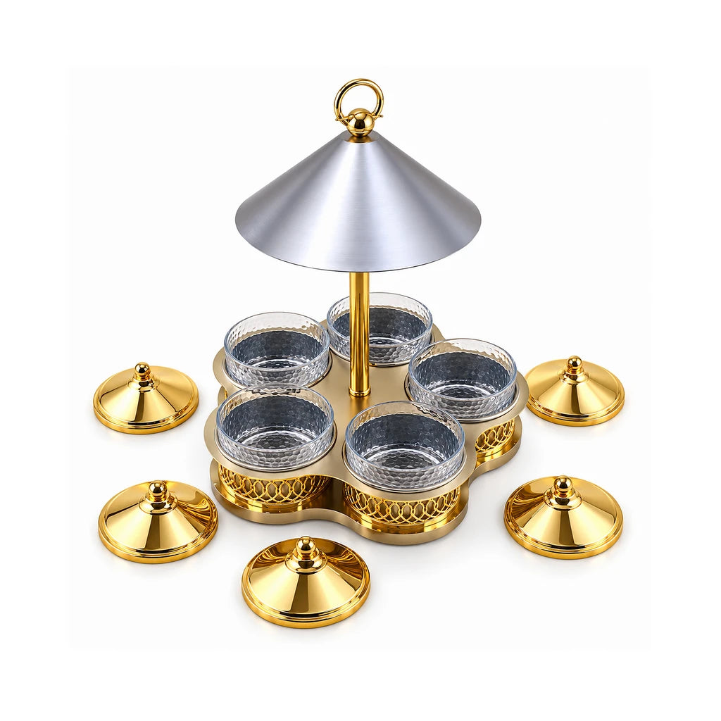 Fancy 5-Bowl Glass Dry Fruit Stand With Steel Lids & Ring-Top Canopy