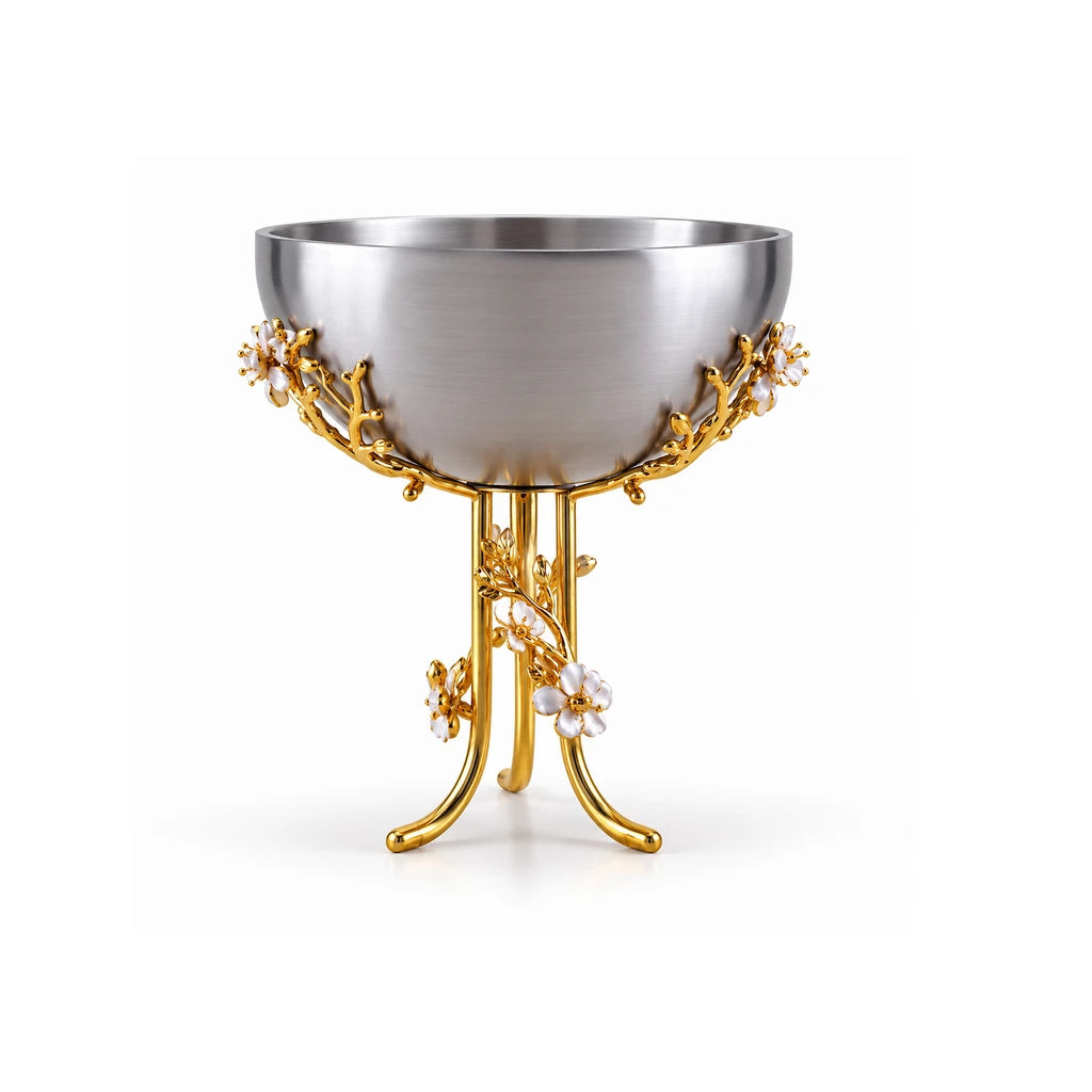 Fancy Stainless Steel Fruit Bowl With Floral Pedestal Stand