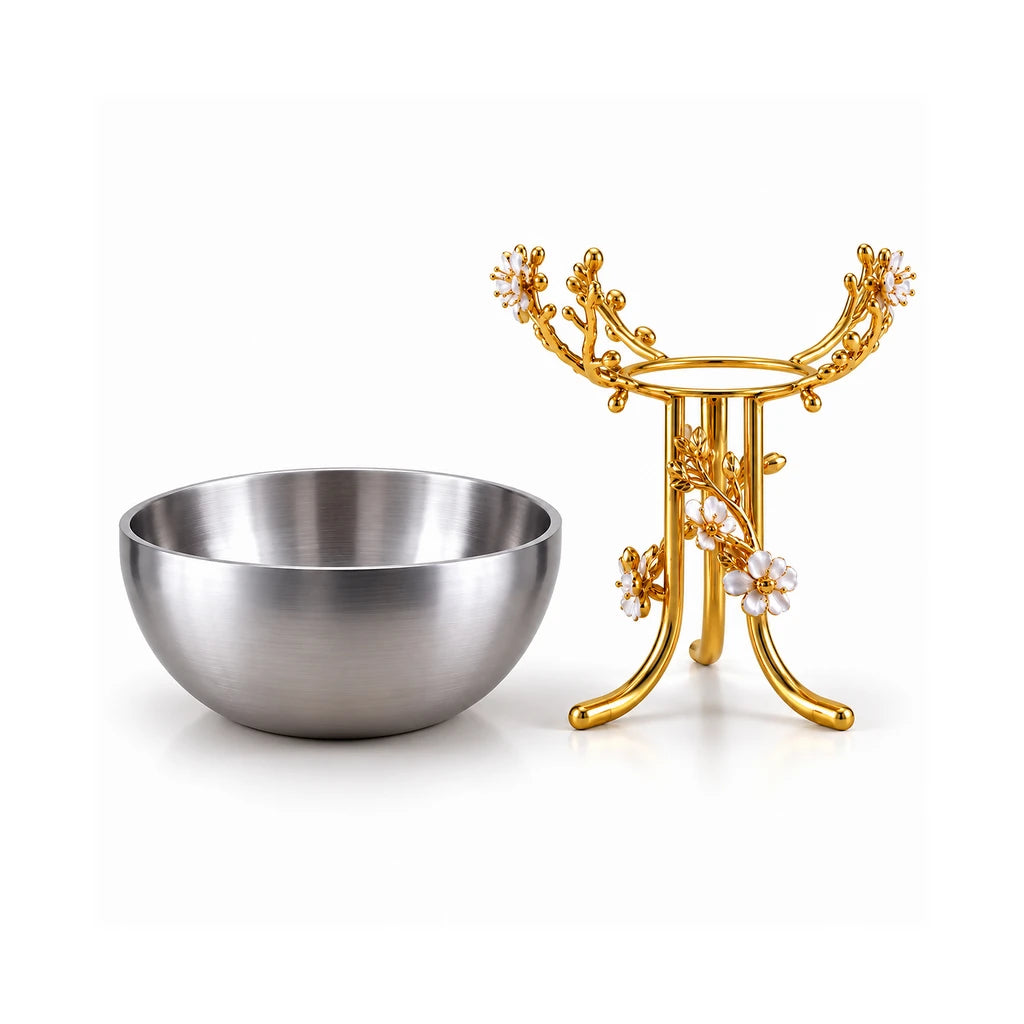 Fancy Stainless Steel Fruit Bowl With Floral Pedestal Stand