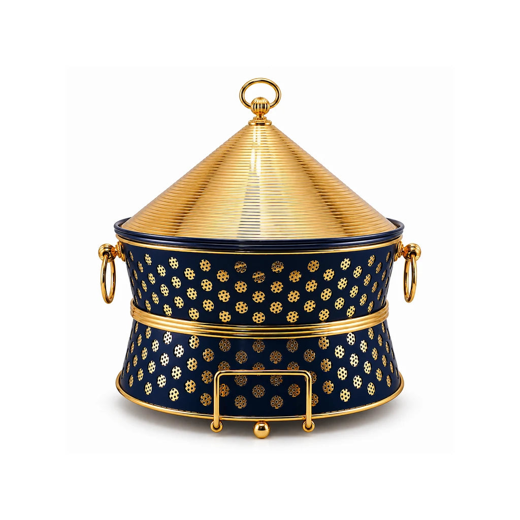 Fancy 7-Liter Round Stainless Steel Food Warmer With Conical Lid - Black & Gold