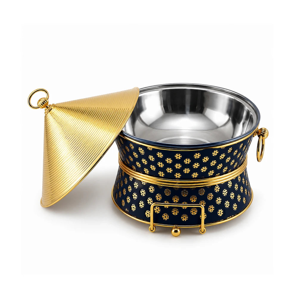 Fancy 7-Liter Round Stainless Steel Food Warmer With Conical Lid - Black & Gold