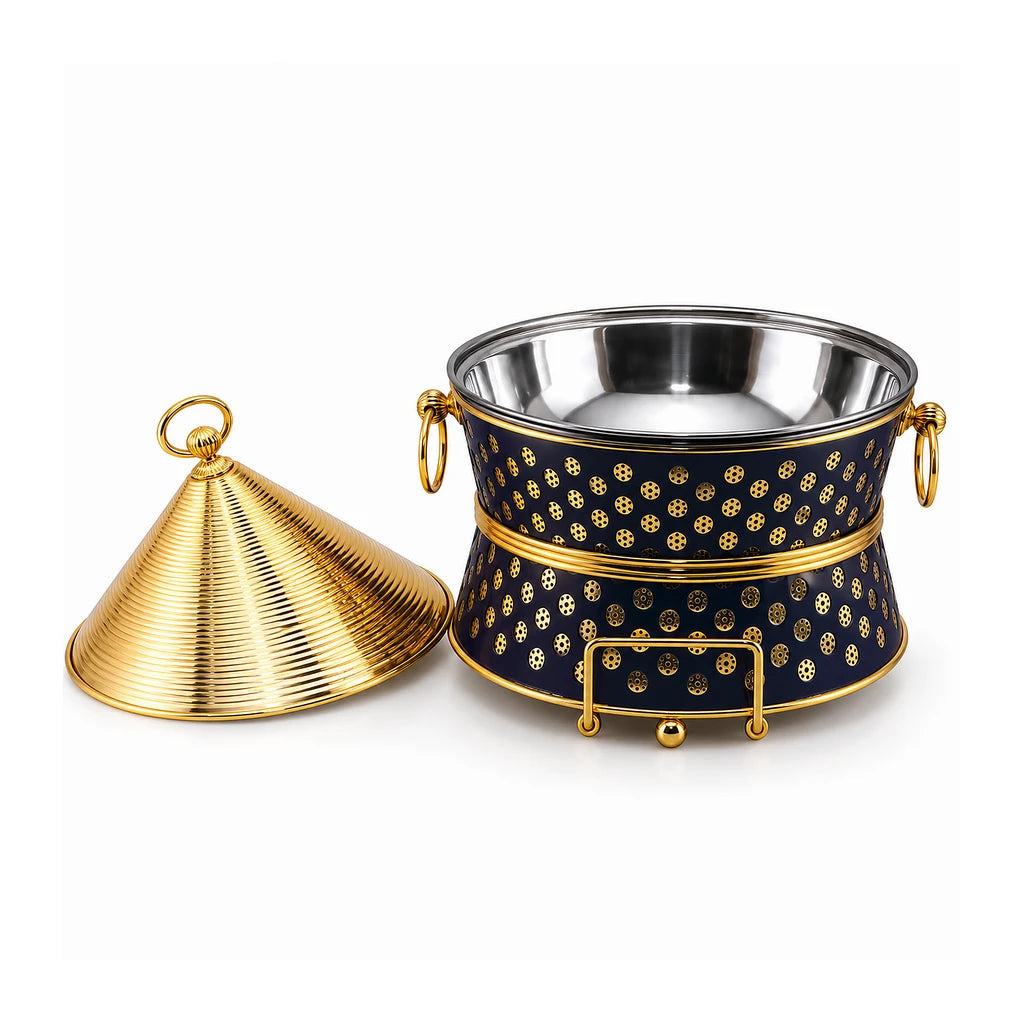 Fancy 7-Liter Round Stainless Steel Food Warmer With Conical Lid - Black & Gold