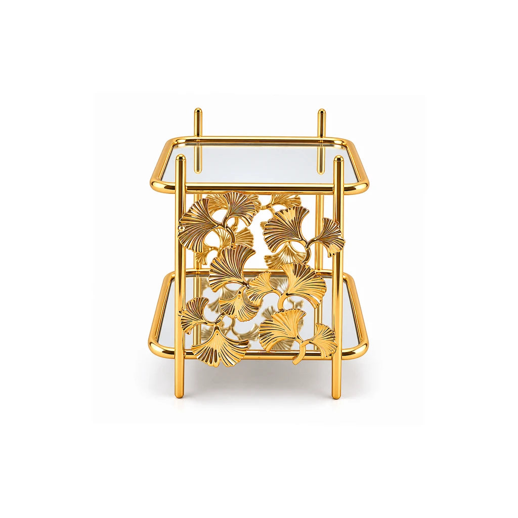 Fancy 2-Tier Rectangular Glass Dessert Stand With Gold-Toned Leaf Frame