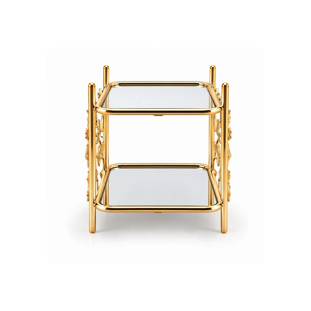 Fancy 2-Tier Rectangular Glass Dessert Stand With Gold-Toned Leaf Frame