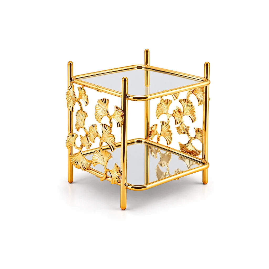 Fancy 2-Tier Rectangular Glass Dessert Stand With Gold-Toned Leaf Frame