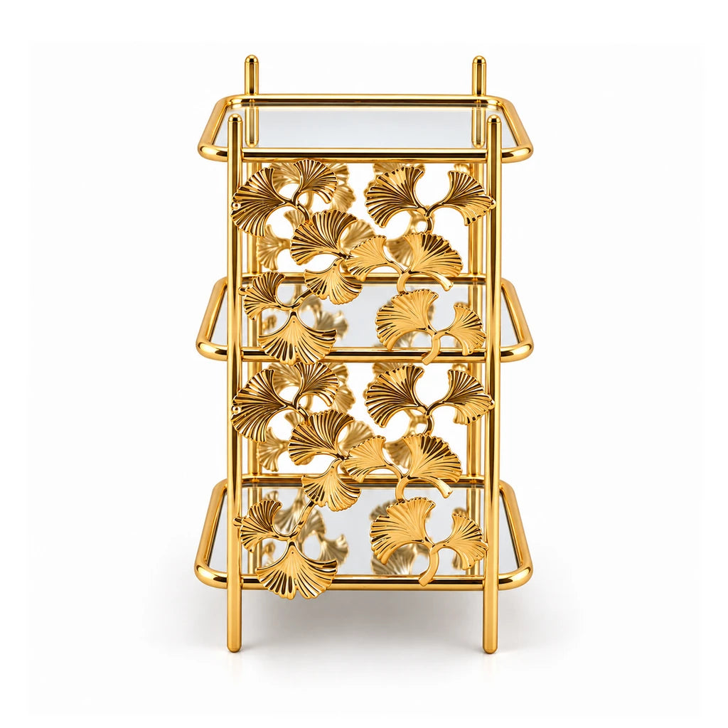 Fancy 3-Tier Rectangular Glass Dessert Stand With Gold-Toned Leaf Frame
