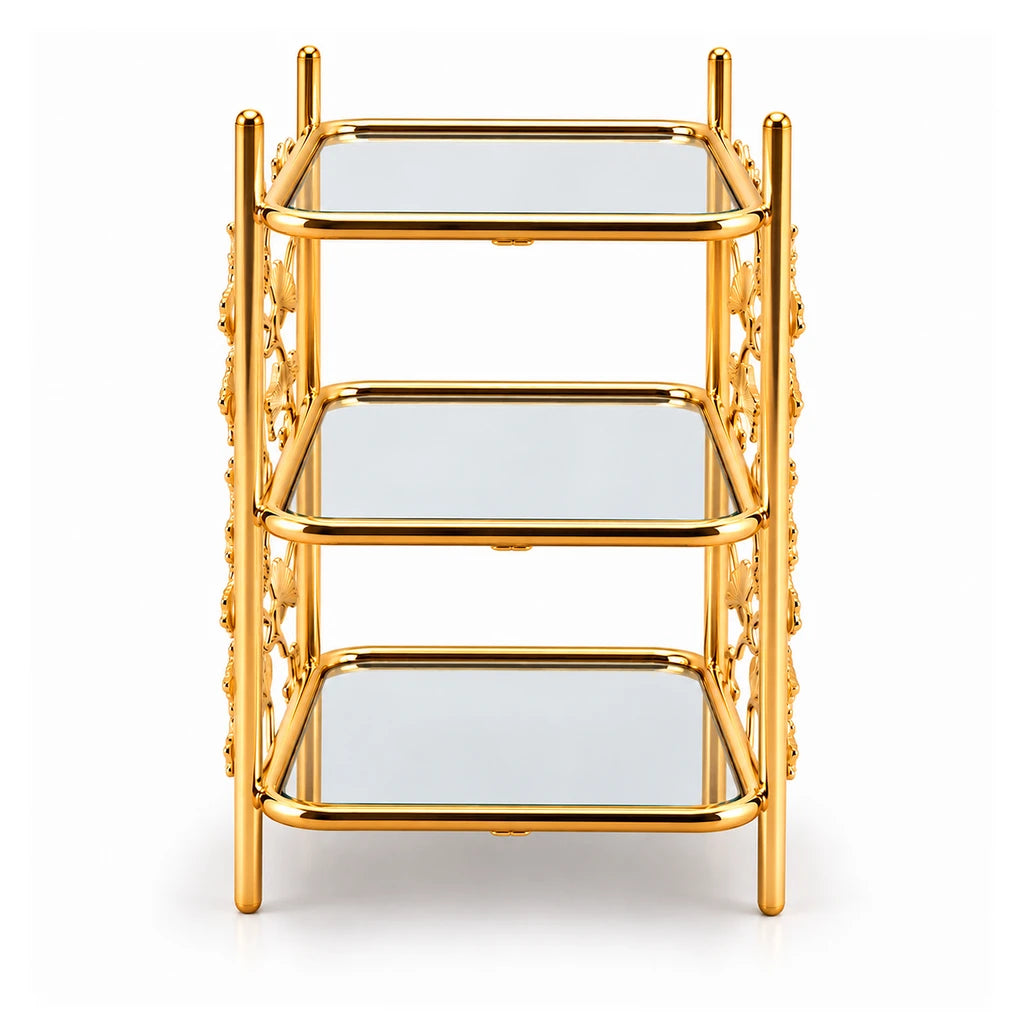 Fancy 3-Tier Rectangular Glass Dessert Stand With Gold-Toned Leaf Frame