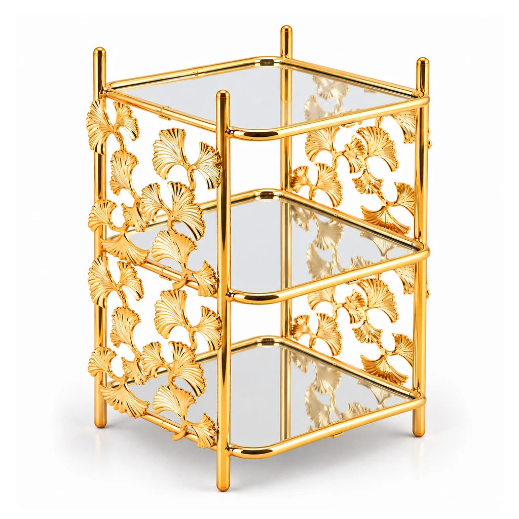 Fancy 3-Tier Rectangular Glass Dessert Stand With Gold-Toned Leaf Frame
