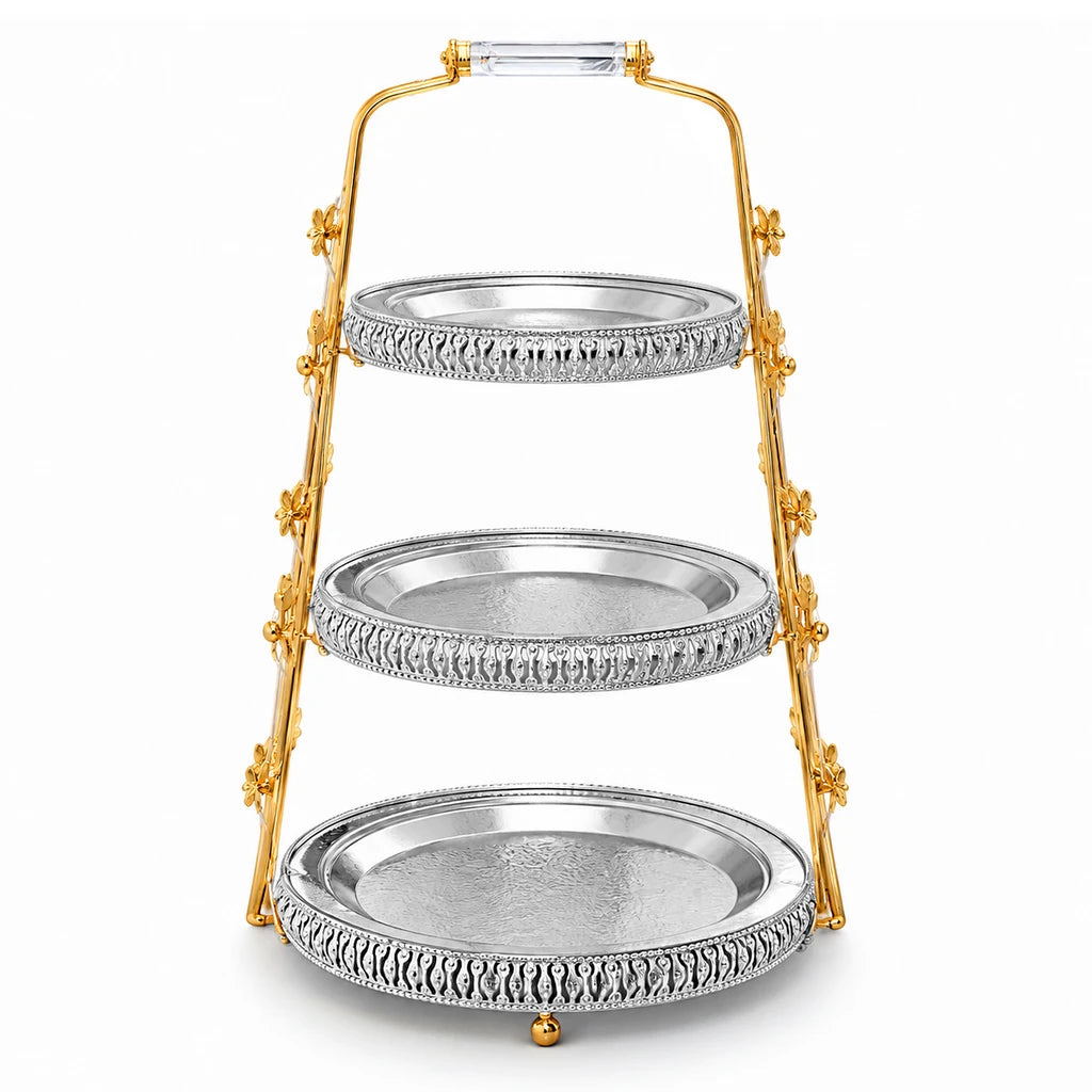 Fancy 3-Tier Round Stainless Steel Dessert Stand With Gold-Toned Floral Frame