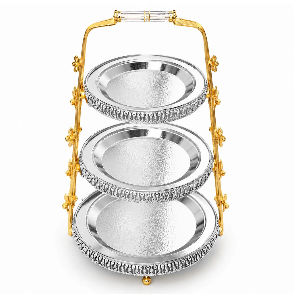 Fancy 3-Tier Round Stainless Steel Dessert Stand With Gold-Toned Floral Frame