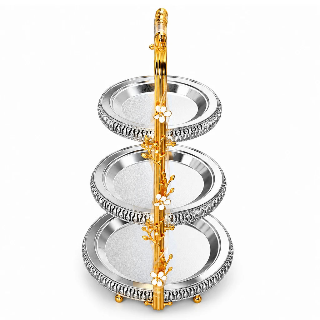 Fancy 3-Tier Round Stainless Steel Dessert Stand With Gold-Toned Floral Frame