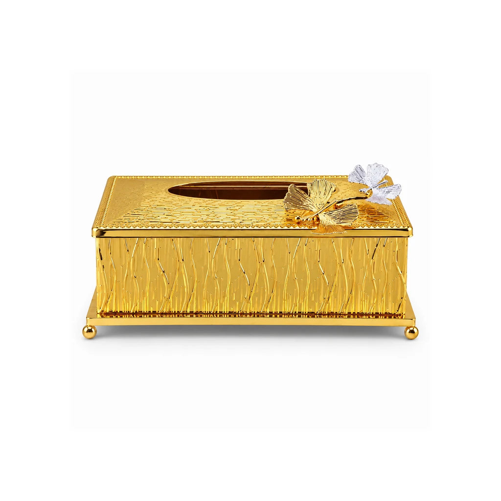 Fancy Gold-Toned Stainless Steel Tissue Box With Leaf Accents & Textured Sides