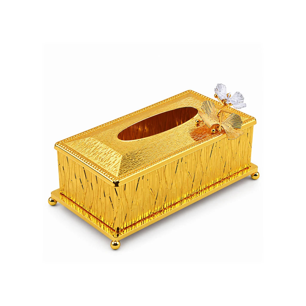 Fancy Gold-Toned Stainless Steel Tissue Box With Leaf Accents & Textured Sides