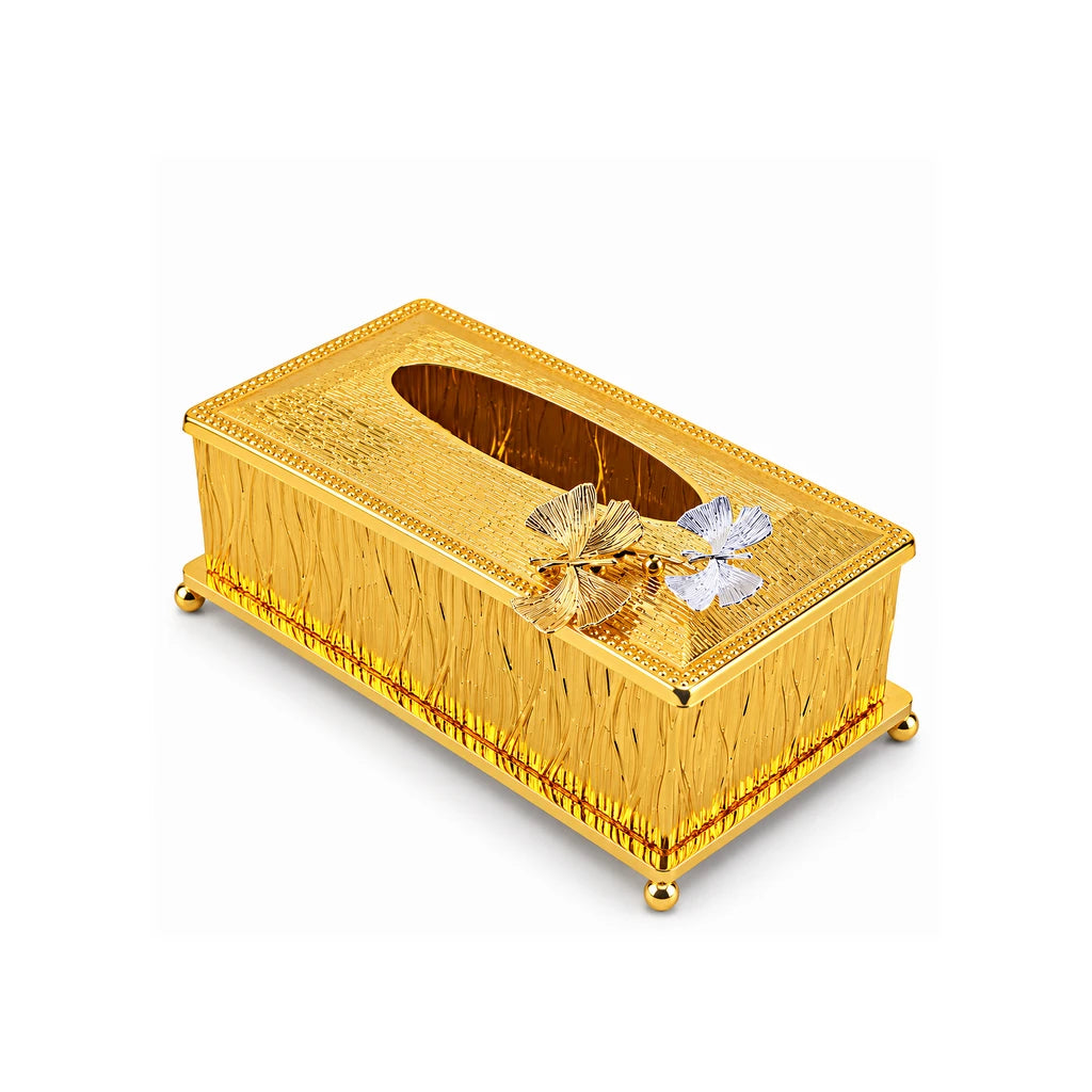 Fancy Gold-Toned Stainless Steel Tissue Box With Leaf Accents & Textured Sides