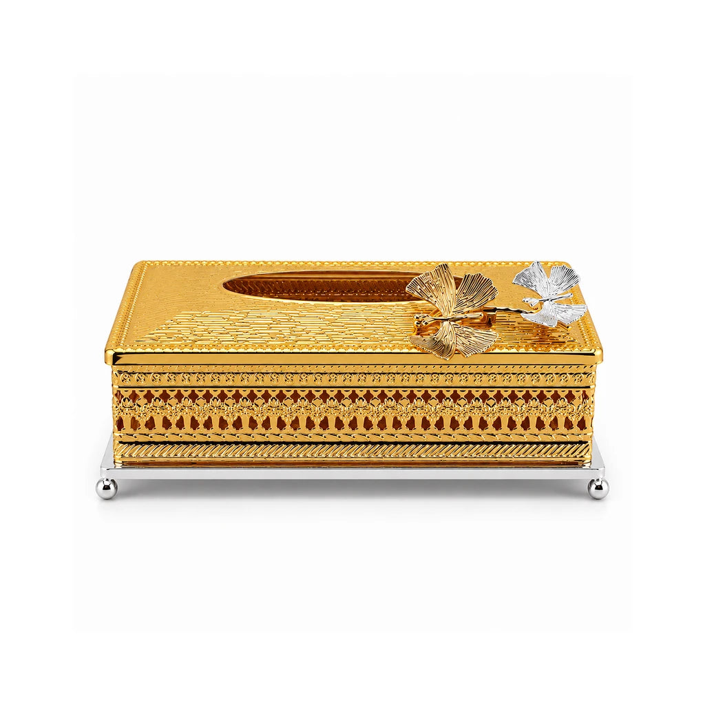 Fancy Gold-Toned Stainless Steel Tissue Box With Ornate Sides & Leaf Accents