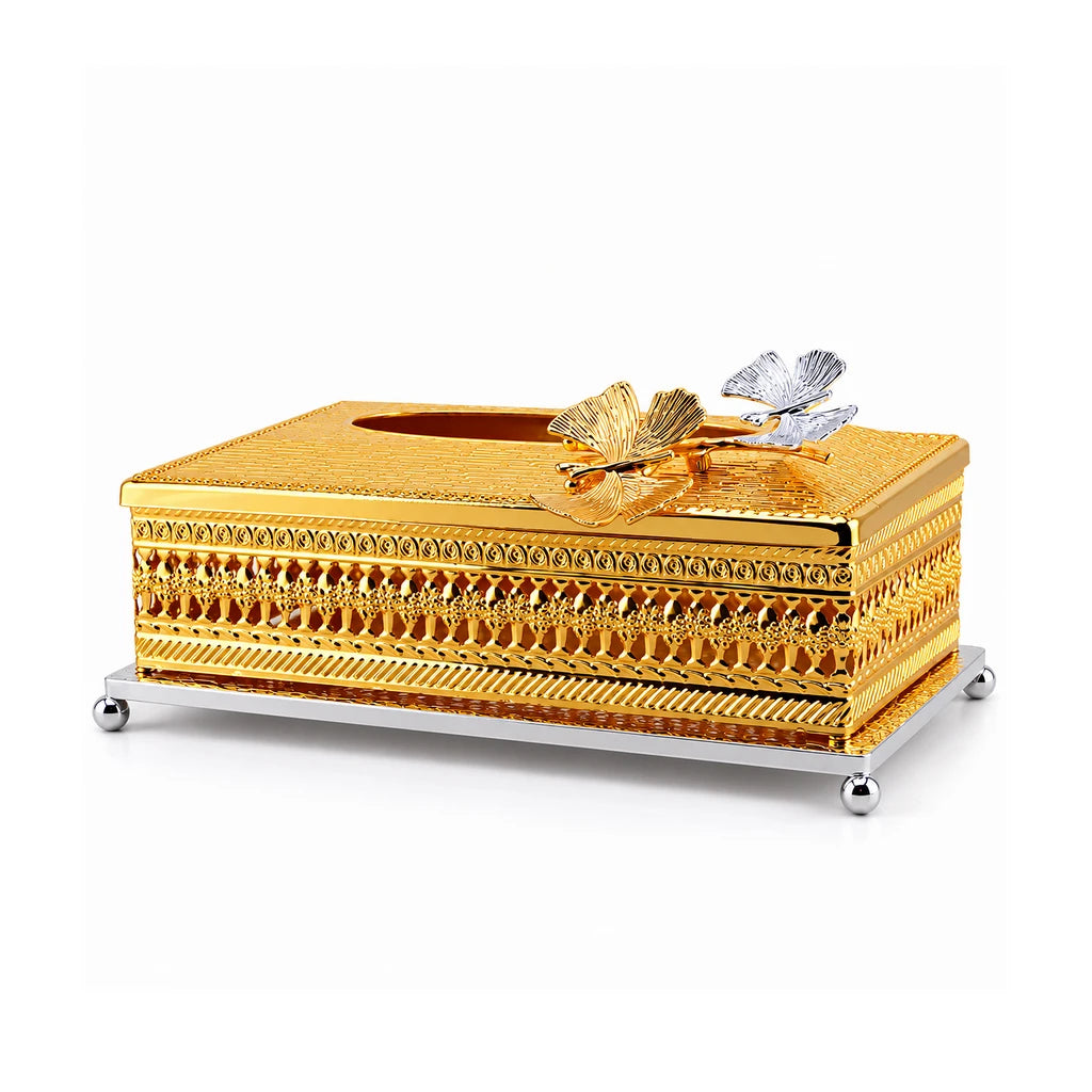 Fancy Gold-Toned Stainless Steel Tissue Box With Ornate Sides & Leaf Accents