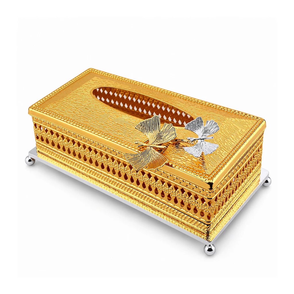 Fancy Gold-Toned Stainless Steel Tissue Box With Ornate Sides & Leaf Accents