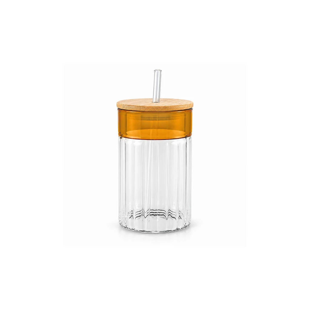 D.W.M 350 ml Ribbed Glass Mason Jar With Brown Band, Wooden Lid & Straw