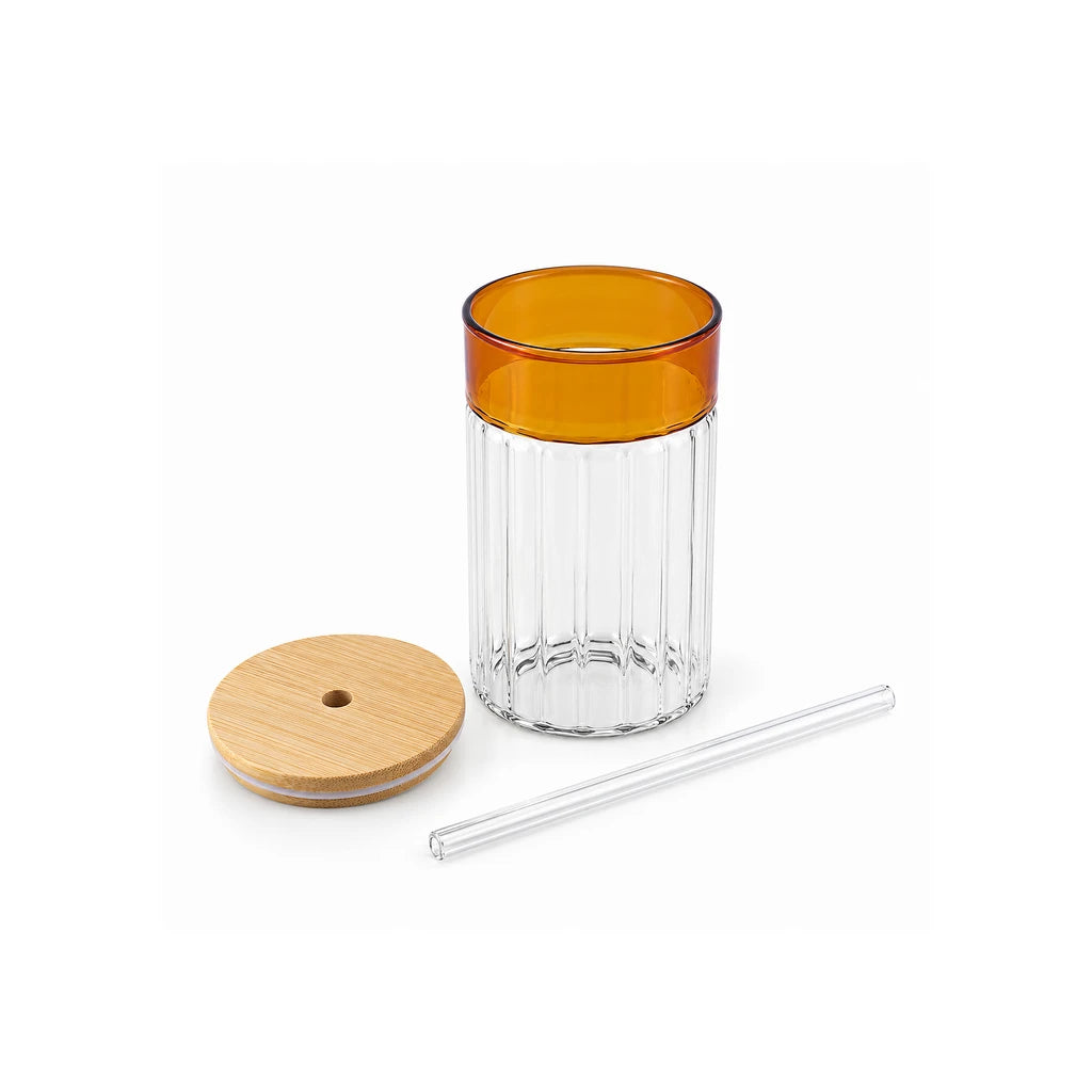 D.W.M 350 ml Ribbed Glass Mason Jar With Brown Band, Wooden Lid & Straw