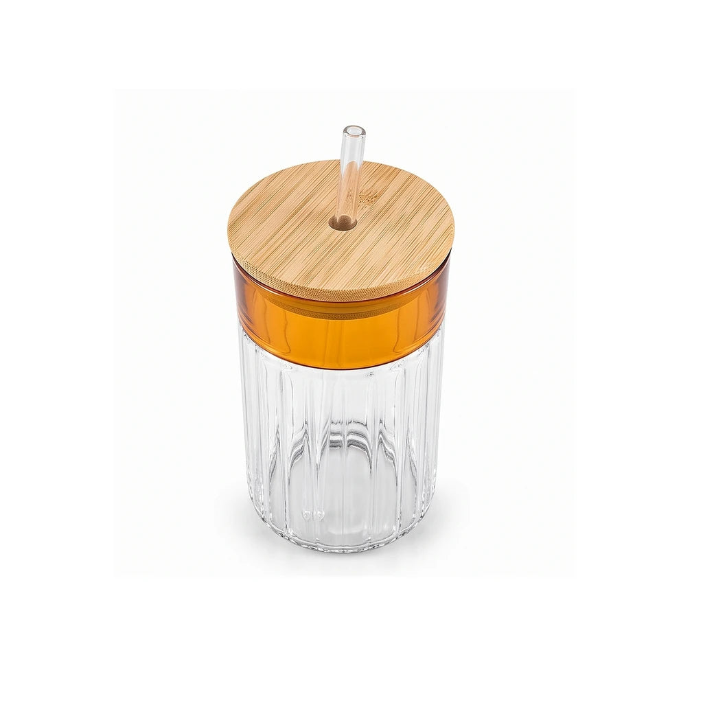 D.W.M 350 ml Ribbed Glass Mason Jar With Brown Band, Wooden Lid & Straw