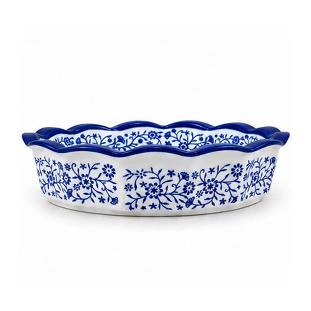 Danny Home Blue & White Floral Round Porcelain Baking Roaster - 25.4 cm