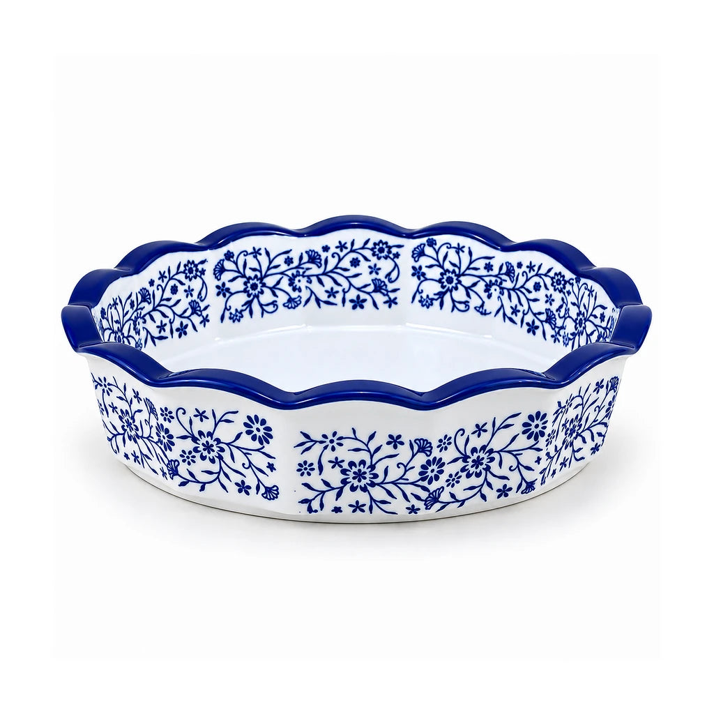 Danny Home Blue & White Floral Round Porcelain Baking Roaster - 25.4 cm