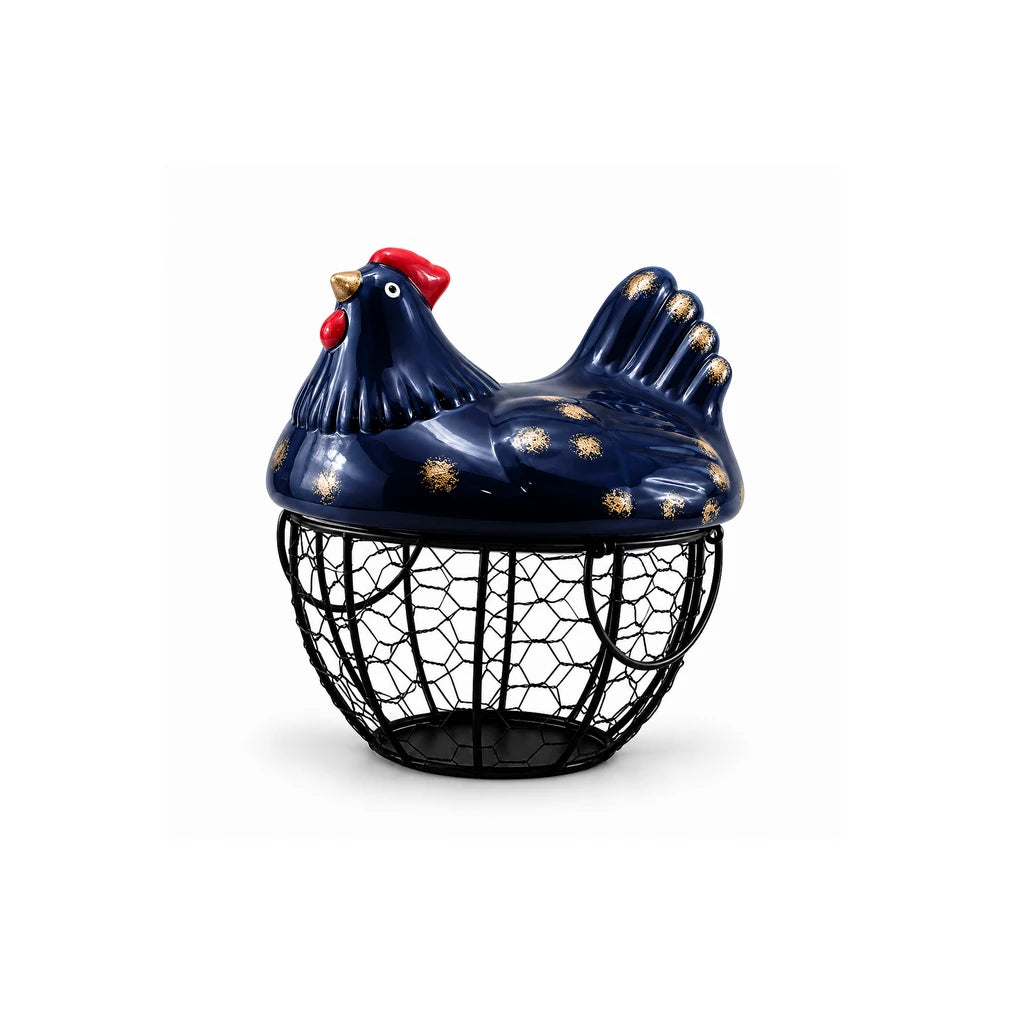 Nordic 7.5-Inch Egg Basket With Ceramic Chicken Cover - White & Black
