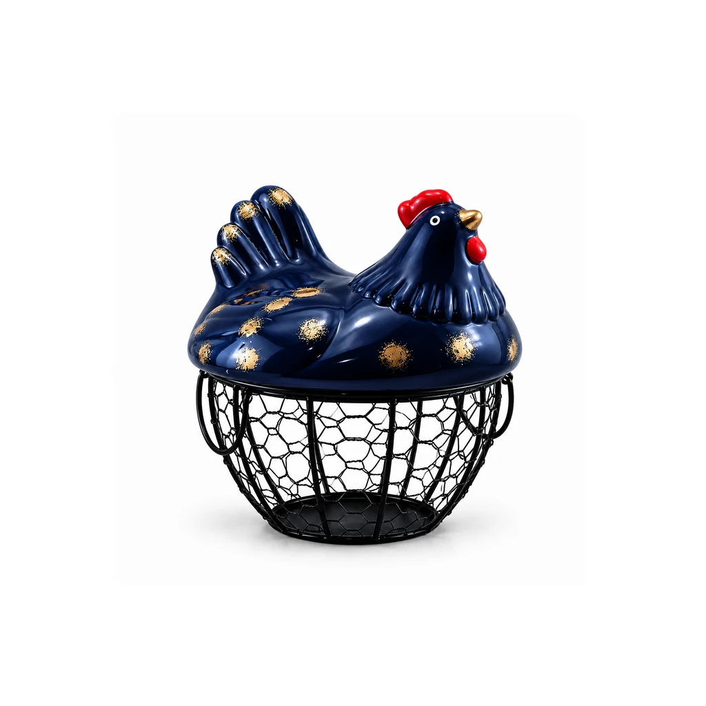 Nordic 7.5-Inch Egg Basket With Ceramic Chicken Cover - White & Black