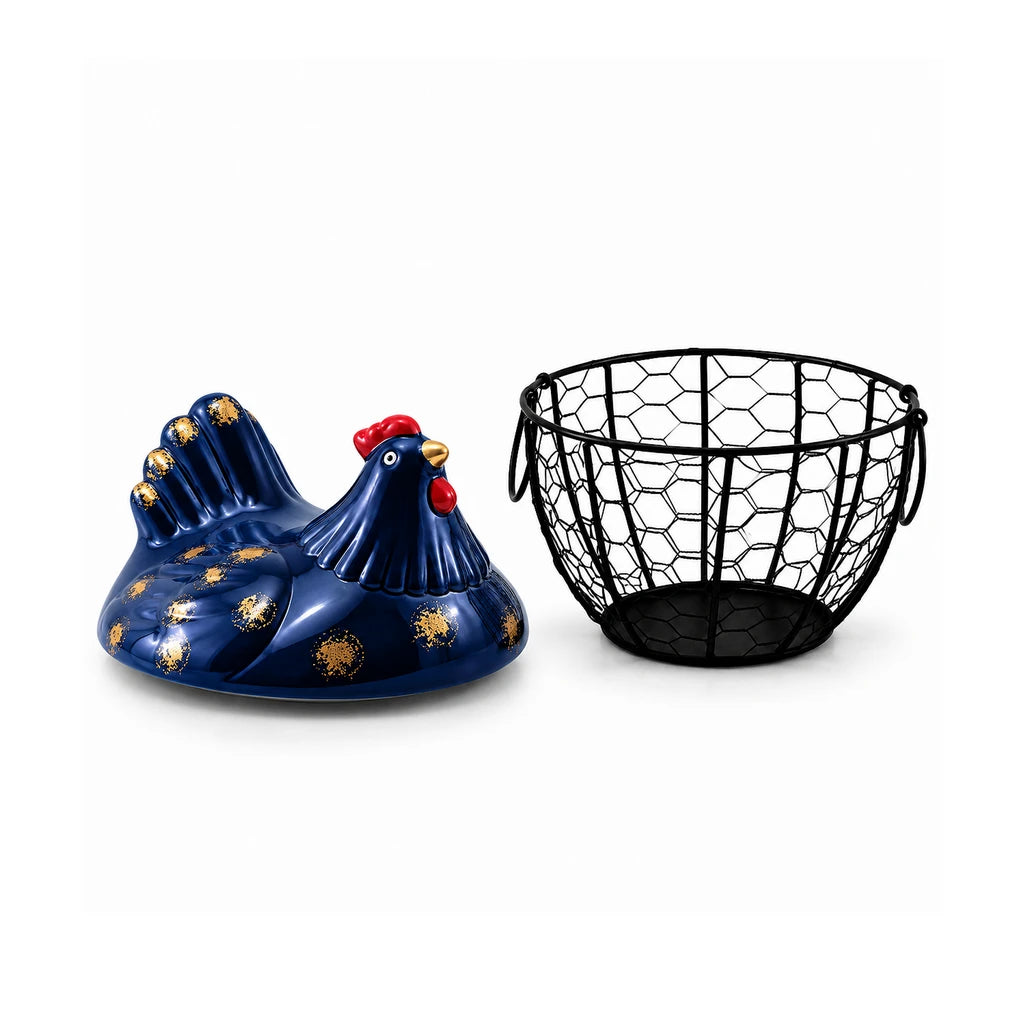 Nordic 7.5-Inch Egg Basket With Ceramic Chicken Cover - White & Black